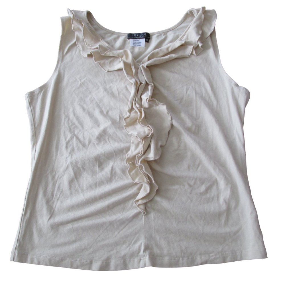 Nancy Bolen City‎ Girl Sleeveless Blouse Womens Medium Tan Sparkle Ruffle Shirt